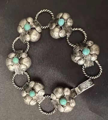 Vintage Mexican Silver Bracelet W/ Hollow Leaf Design And Turquoise Center • $41