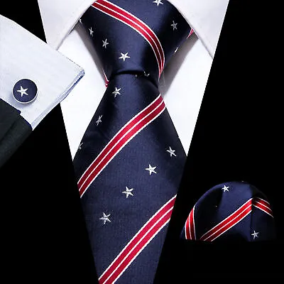 Mens Silk Tie Set Red Navy Blue Striped Necktie Pocket Square Cufflinks Set • $11.99