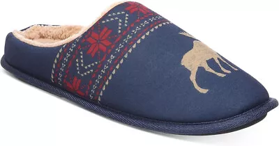 Club Room Mens Moose-Print Fleece Lined Slip-On Slippers Navy Blue L 10-11 • $25.98