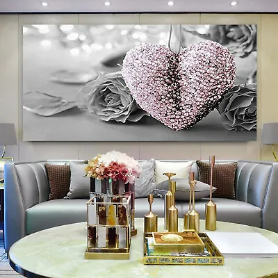 Pink Love Heart Gray Rose Wall Art Print Canvas Painting Pictures For Room Decor • £9.28