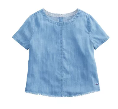 NWT Vineyard Vines Youth Girls Chambray Fringe Short Sleeve Top Shirt Large 14 • $20