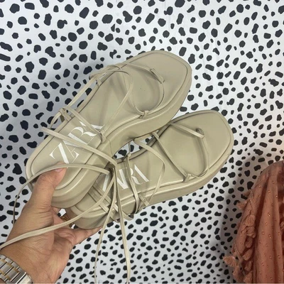 $35 • Buy Zara Beige Leather Platform Strappy Ankle Wrap Sandals Size EU 40