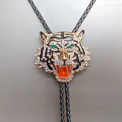 Rhinestone Gold Tiger Head Bola Bolo Tie Wedding Necklace Western Cowboy Necktie • $24.99