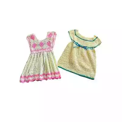 (2) Vintage Toddler Baby Girl Dress Lot Hand Made Crochet Knit Pink Green 2T 3T • $20