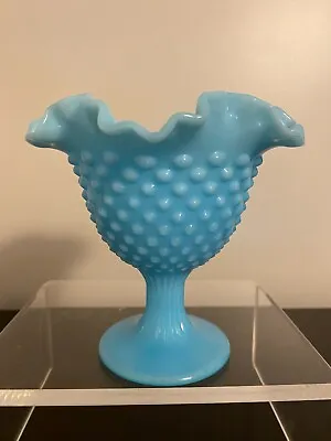 Fenton Blue Slag Glass Hobnail Pedestal Compote Candy Dish Ruffled Edge • $21