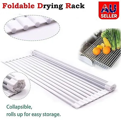Foldable Silicone Over The Sink Dish Drying Rack Roll-Up Drainer Stainless Steel • $27.49