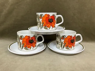 3 Retro J&G Meakin POPPPY Cups Saucers Rounded Edges 1970's SEE DESCRIPTION • £11.99