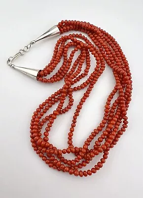 Vtg Navajo 5 Stand Mediterranean Coral Bead Sterling Silver Necklace 19  -47.3g • $295