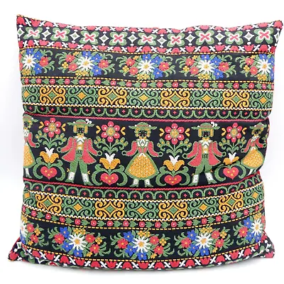 Austrian Folk Art Couple Tapestry Square Throw Pillow 14x14 Cotton Austria VTG • $24.98