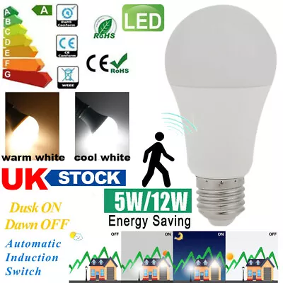 LED Sensor Light Bulb E27 Dusk To Dawn Light Bulbs Lamp Home Saving Energy UK • £6.79