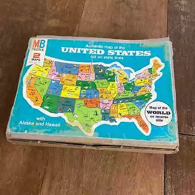 Vintage 70s Milton Bradley 2 Sided United States & World Map Jigsaw Puzzle • $10