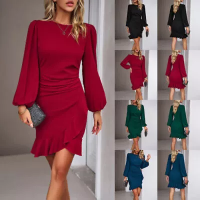 Womens Puff Long Sleeve Solid Dress Bodycon Ruffle Party Cocktail Mini Dresses • £16.69