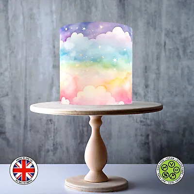 Pastel Rainbow Clouds And Stars Wrap Around Edible Cake Topper ICING/WAFER • £7.79