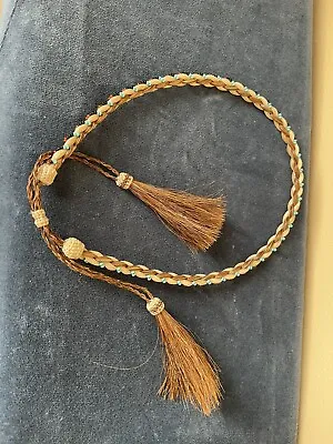 Braided HAT BAND Thin Strand LtBrown/White Horsehair Double Tassel Vintage • $90