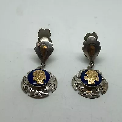 Vintage Sterling Silver & 18k Gold Mexico Mayan Blue Enamel Clip On Earrings • $49.99