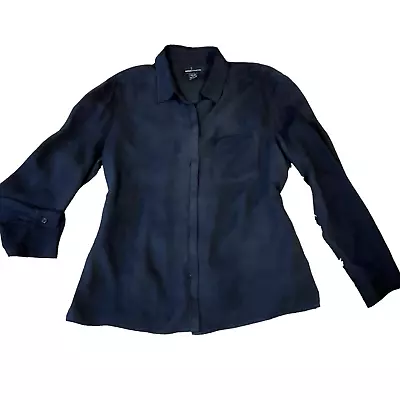 Moda International 100% Silk Button-Up Blouse 1-Pocket Side Slits L Black 277M • $34