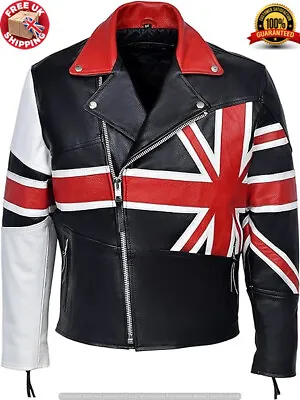 Men's BRANDO UNION JACK Motorcycle BRITISH FLAG Biker Hide Real Leather Jacket • £114.99