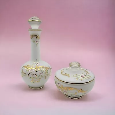 Vintage Handpainted German Satin Milk Glass Vanity Barber Bottle And Lidded Box • $54