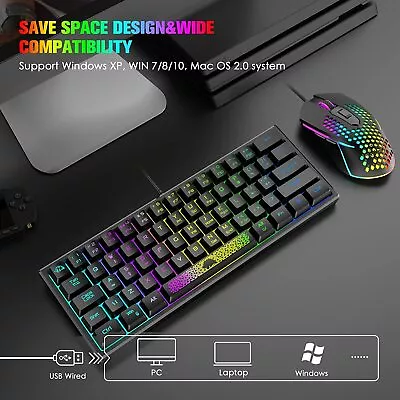 Gaming Keyboard And Mouse Set60% Portable 62Keys RGB Backlit 3200DPI Mice Wired • $11.87