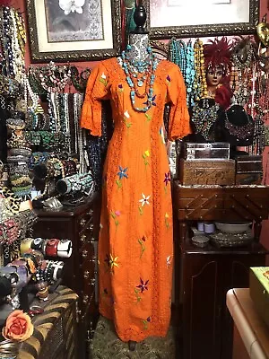 Vintage OAXACAN Mexican Orange Multi Colored Hand Embroidered Crochet Dress S/M • $230