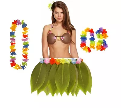 Hawaiian Hen Fancy Dress Costume Ladies Leaf Skirt Hula Lei Garland Coconut Bra • £15.95