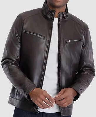 $251 Michael Kors Men's Brown Perforated Faux-Leather Moto Coat Jacket Size M • $79.98