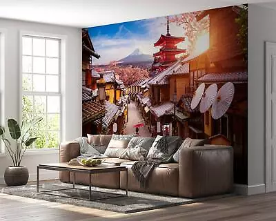 Kimono-clad Woman & Japanese Village Vinyl Wall Mural: Traditional Decor For ... • £182