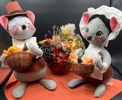 Vintage 1988 Annalee Dolls Thanksgiving Boy & Girl Mouse Pilgrim 13  • $28.99