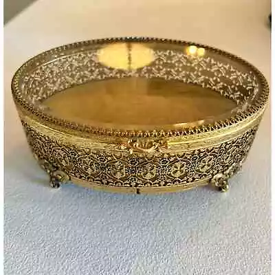 Vintage Gold Tone Filigree Beveled Glass Footed Casket Jewelry Box Oval 7'' • $60