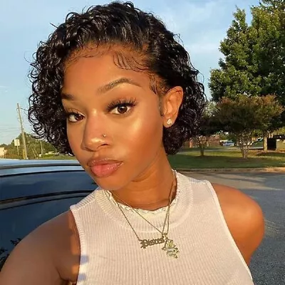 Short Curly Human Hair Wigs Pixie Cut Bob Glueless Wigs 13x1 Lace Front Wigs • $29.84