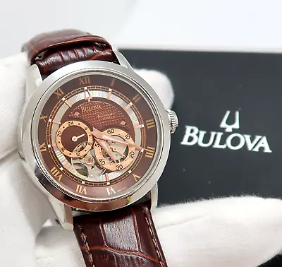 BULOVA 21j Automatic  SKELETON  C877668 Leather Deploy Band IN BOX MENS WATCH S1 • $195.99