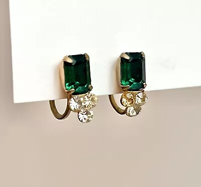 Vintage Vargas Signed Earrings Art Deco Emerald Green Rectangle Stone Screw Back • $9