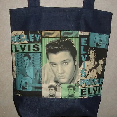 NEW Large Denim Tote Bag Handmade/w Elvis Presley Face Fabric • $22.99