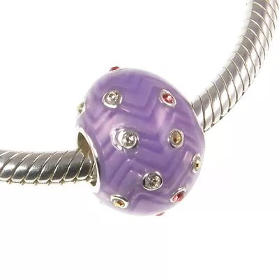 Chamilia 925 Silver Enamel & Crystal PURPLE CHEVRON EGG Charm Bead Easter • £28.99