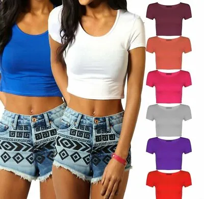 £5.99 • Buy Womens Ladies Short Sleeve Crop Top T-Shirt Vest Round Neck Stretch Plain Blouse
