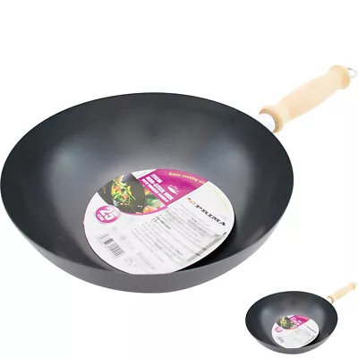 25cm Non Stick Wok Cookware Saucepan Wooden Handle Cooking Carbon Steel Stir • £6.99