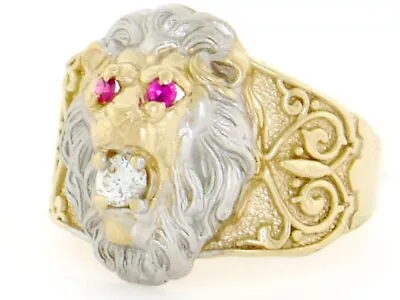 10k Or 14k Two-Tone Gold Lion Head Red & White CZ Mens Ring • $289.99