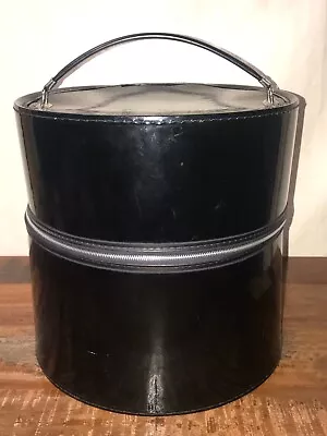 1960s Hat Wig Box Round Zippered Carry On Case Black Retro Vinyl MCM • $25