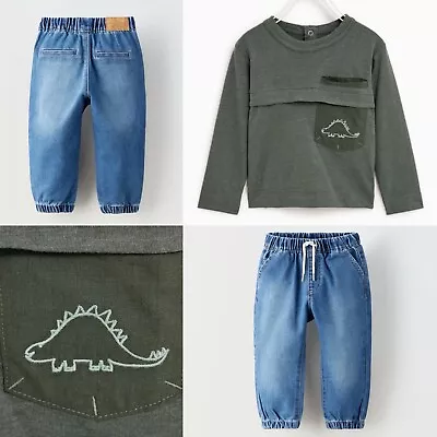 NWT Zara Baby Boy Dino Embroidered Tee Shirt Denim Joggers Pants Jeans 9-12m LOT • $29.99