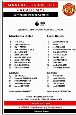 Man Utd U18 V Leeds Utd FC U18 Team Sheet (Season 2023-2024) • £3.99