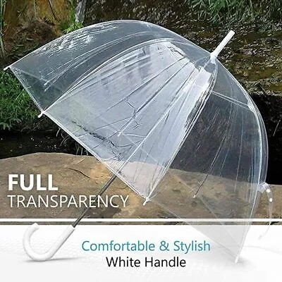 Large 33  Clear See Through Dome Umbrella Ladies Transparent Walking Rain Brolly • £7.65