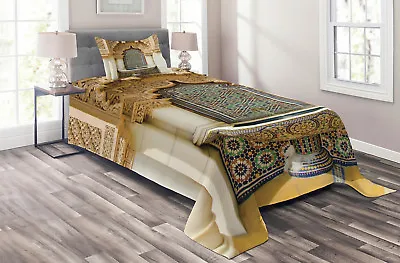 Moroccan Quilted Coverlet & Pillow Shams Set Vintage Eastern Art Print • $59.99