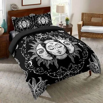 Sun Moon God Totems Boho Doona/Duvet Cover Double/Queen/King Black Bedding Set • $83.68