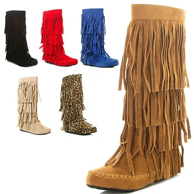 New 4 Layer Fringe Shaft Moccasin Moc Toe Flat Mid Calf Knee High Zipper Boot US • $32.49