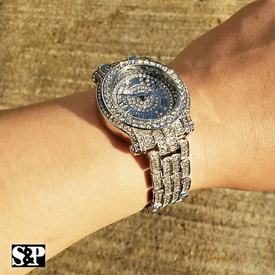 Women's Hip Hop Iced White Gold Plated Bling Lab Diamond Metal Band Watch • $25.99