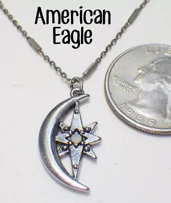 Vintage Signed AMERICAN EAGLE Crescent Moon & Star ST Pendant Necklace 24  • $15.39