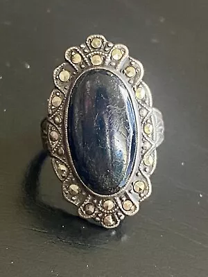 Antique Sterling Silver Black Onyx & Marcasite Mourning Ring • $40