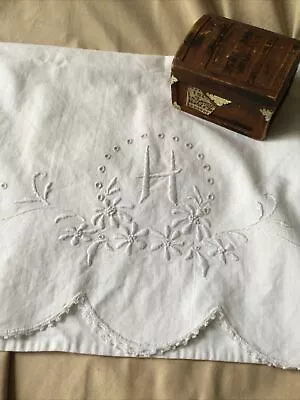 Vtg Linen King  Pillowcase Embroidered Lace Monogram  H  Edwardian HandMade Nice • $0.99