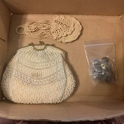 Vintage Beaded Purse/French Antique Crochet  Ornament/ Old Buttons • $18.40