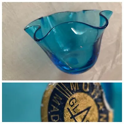 Vintage MURANO Italy Art Glass Ruffle Scallop Bowl Blue W Sticker MCM • $18